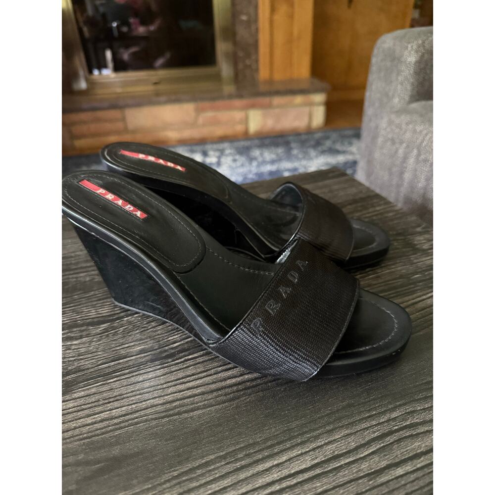 Vintage Prada Sport Patent Leather Black Wedge Y2K Heels Sz. 38.5 - Picture 3 of 8